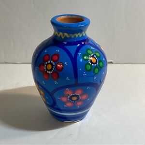 Barro Red Clay Pottery Miniature Bud Vase Blue Flowers Vibrant Colorful